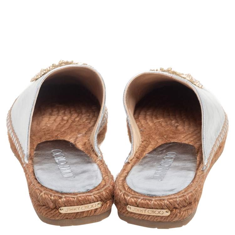Pre Owned Jimmy Choo Silver Leather Nadene Flat Espadrilles Size 37.5