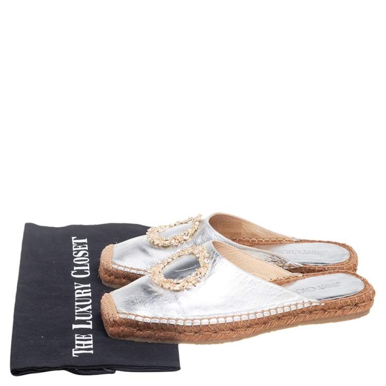 Pre Owned Jimmy Choo Silver Leather Nadene Flat Espadrilles Size 37.5