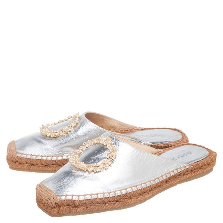 Pre Owned Jimmy Choo Silver Leather Nadene Flat Espadrilles Size 37.5