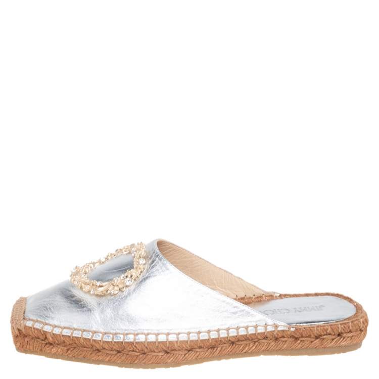 Pre Owned Jimmy Choo Silver Leather Nadene Flat Espadrilles Size 37.5