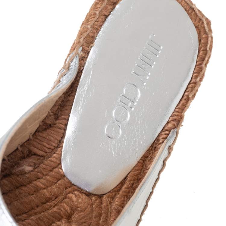 Pre Owned Jimmy Choo Silver Leather Nadene Flat Espadrilles Size 37.5