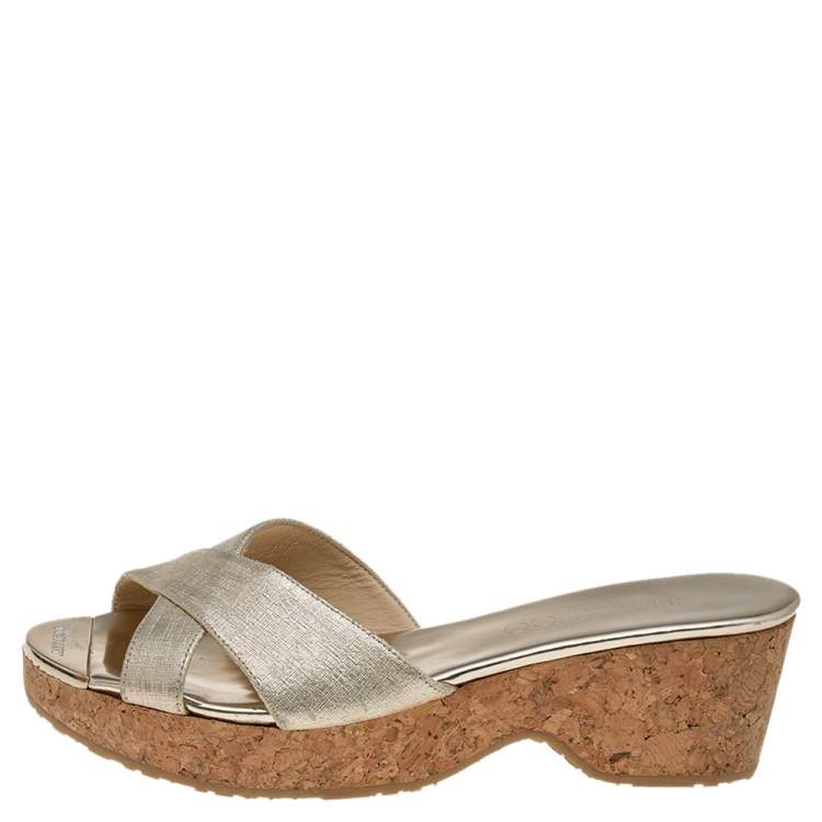 Pre Owned Jimmy Choo Gold Leather Cork Wedge Platform Sandals Size 36