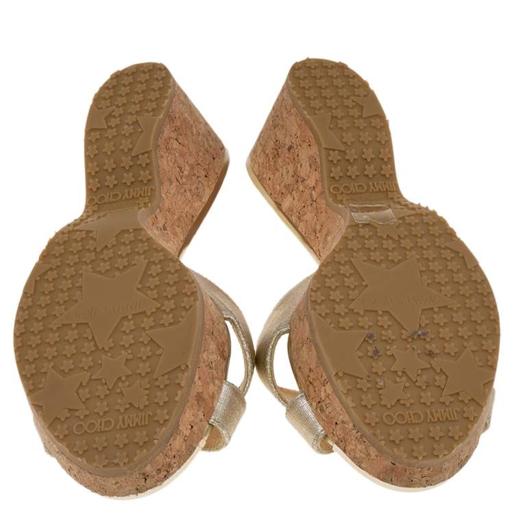 Pre Owned Jimmy Choo Gold Leather Cork Wedge Platform Sandals Size 36