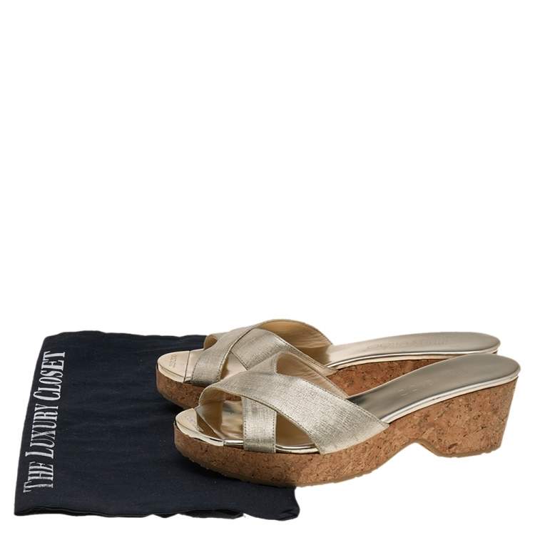Pre Owned Jimmy Choo Gold Leather Cork Wedge Platform Sandals Size 36