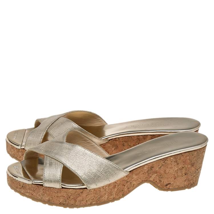 Pre Owned Jimmy Choo Gold Leather Cork Wedge Platform Sandals Size 36