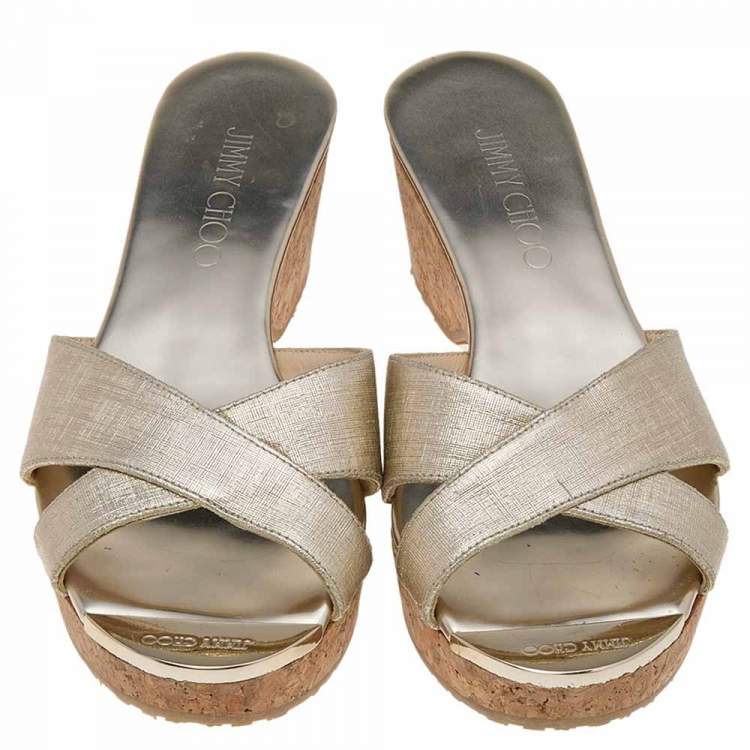 Pre Owned Jimmy Choo Gold Leather Cork Wedge Platform Sandals Size 36