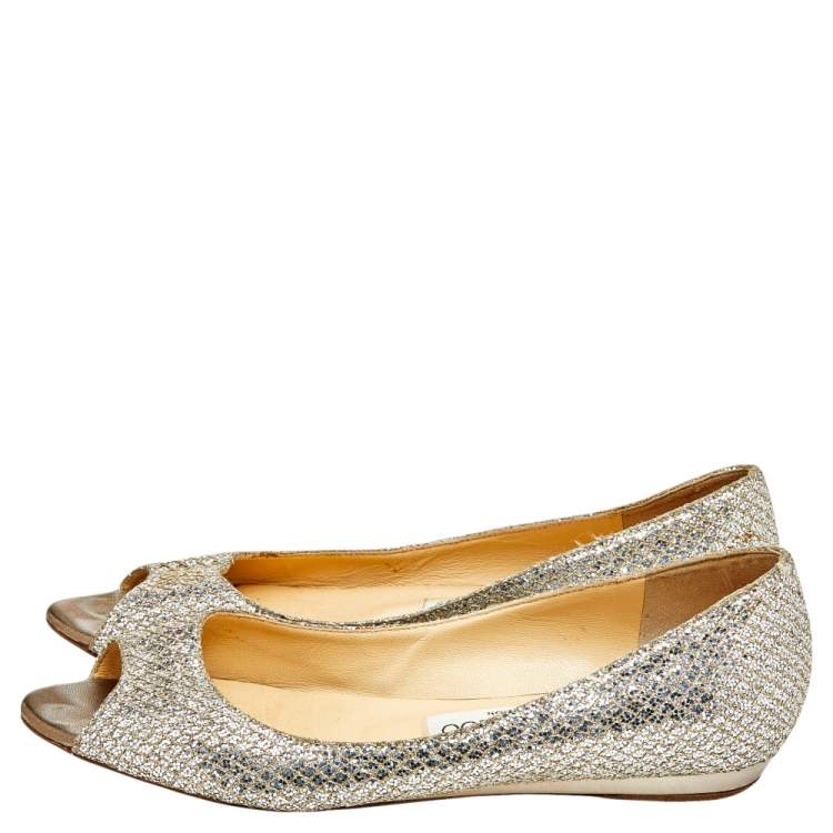 Pre Owned Jimmy Choo Silver Glitter Peep Toe Flats Size 37