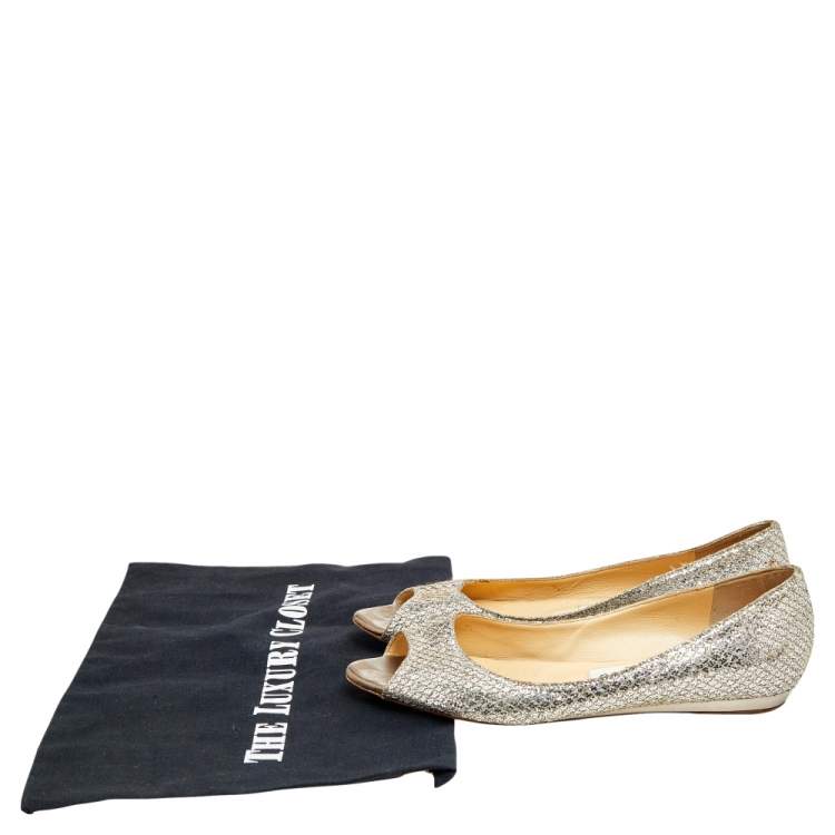 Pre Owned Jimmy Choo Silver Glitter Peep Toe Flats Size 37