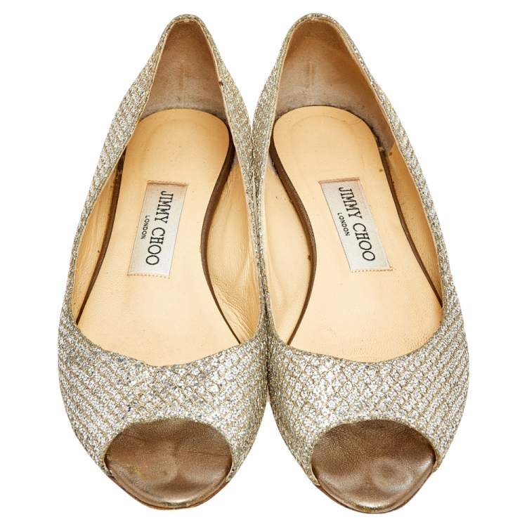Pre Owned Jimmy Choo Silver Glitter Peep Toe Flats Size 37