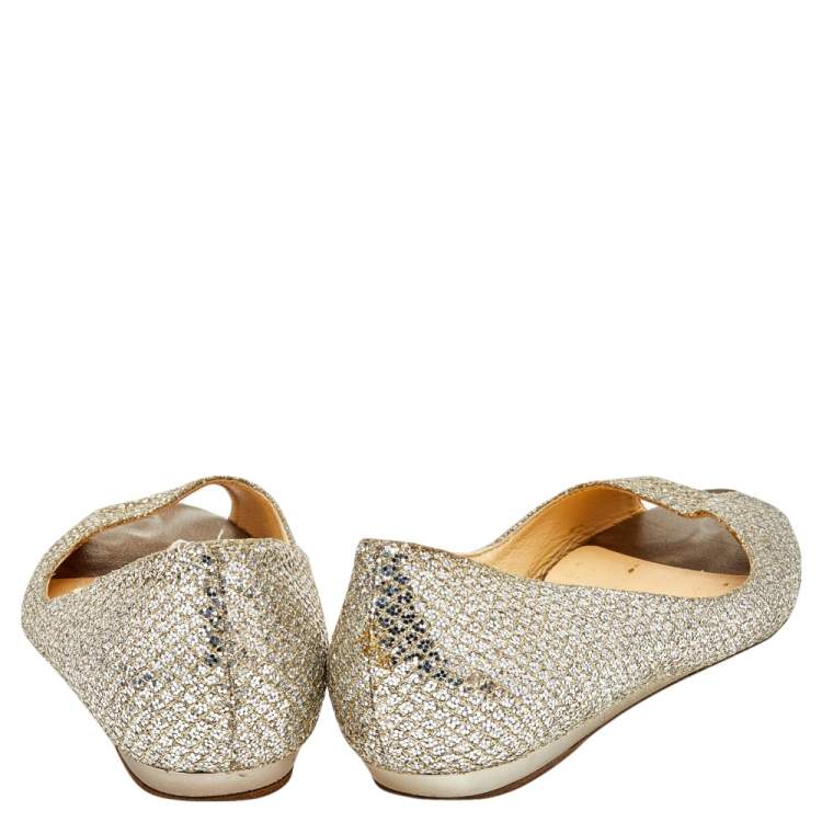 Pre Owned Jimmy Choo Silver Glitter Peep Toe Flats Size 37