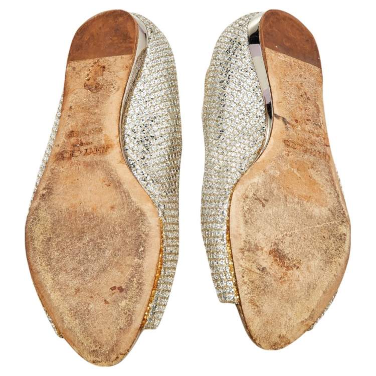Pre Owned Jimmy Choo Silver Glitter Peep Toe Flats Size 37