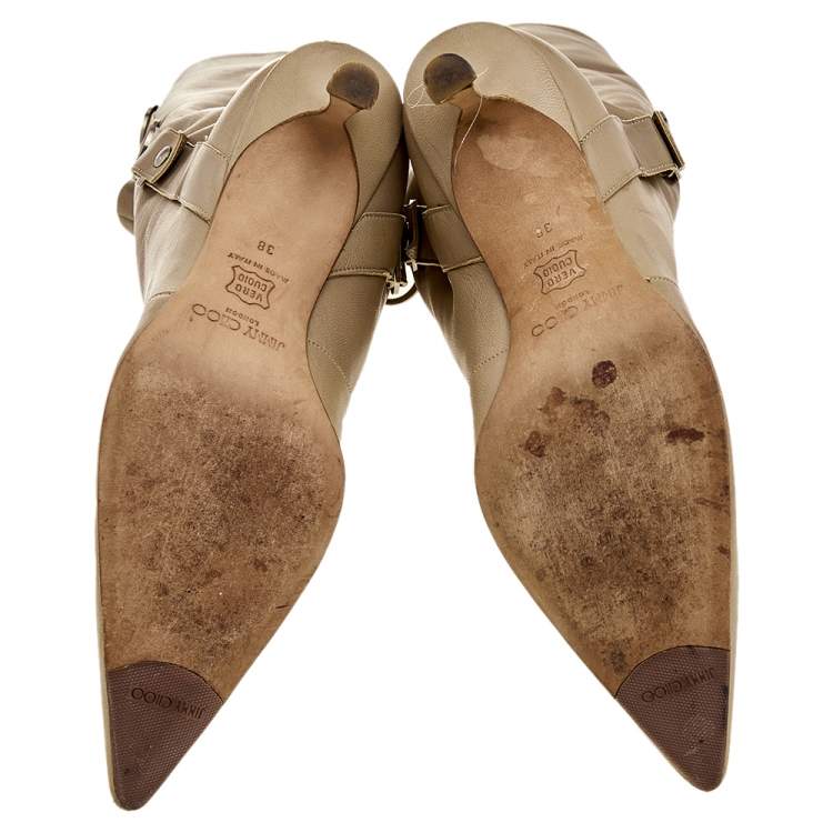 Pre Owned Jimmy Choo Beige Leather Pointed Toe Calf Length Boots Size 38