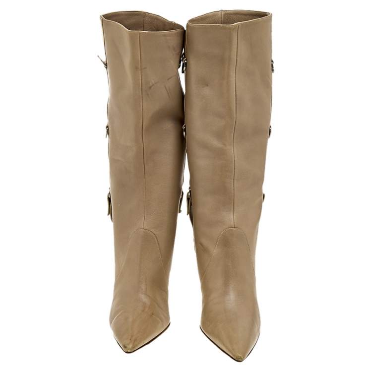 Pre Owned Jimmy Choo Beige Leather Pointed Toe Calf Length Boots Size 38