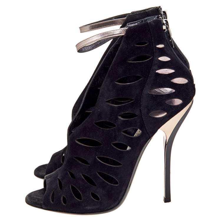 Pre Owned Jimmy Choo Black/Grey Suede And Leather Drift Cutout Peep Toe Booties Size 38.5