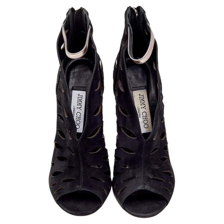 Pre Owned Jimmy Choo Black/Grey Suede And Leather Drift Cutout Peep Toe Booties Size 38.5