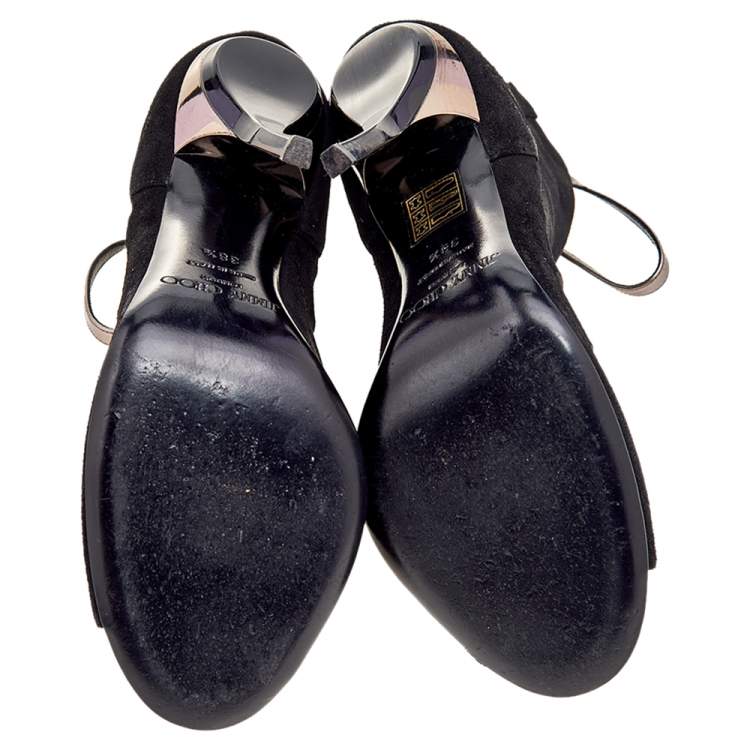 Pre Owned Jimmy Choo Black/Grey Suede And Leather Drift Cutout Peep Toe Booties Size 38.5