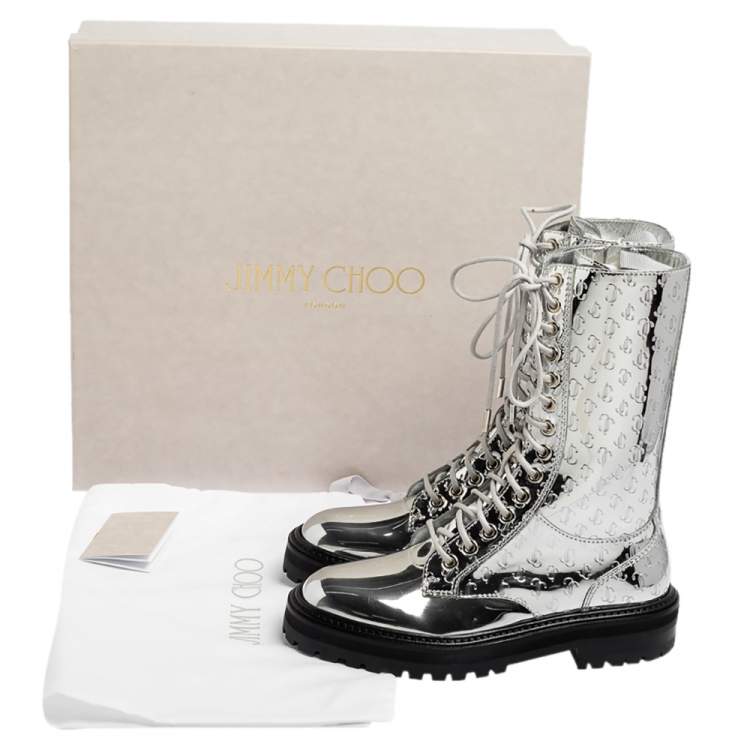 مملوكة مسبقًا Jimmy Choo Silver Leather Cora Combat Boots Size 37