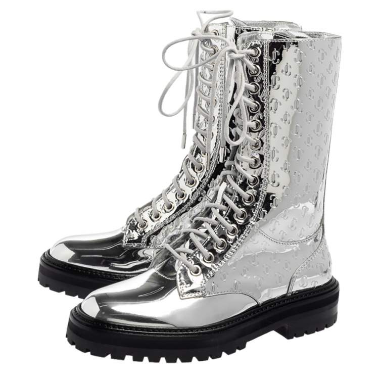 مملوكة مسبقًا Jimmy Choo Silver Leather Cora Combat Boots Size 37