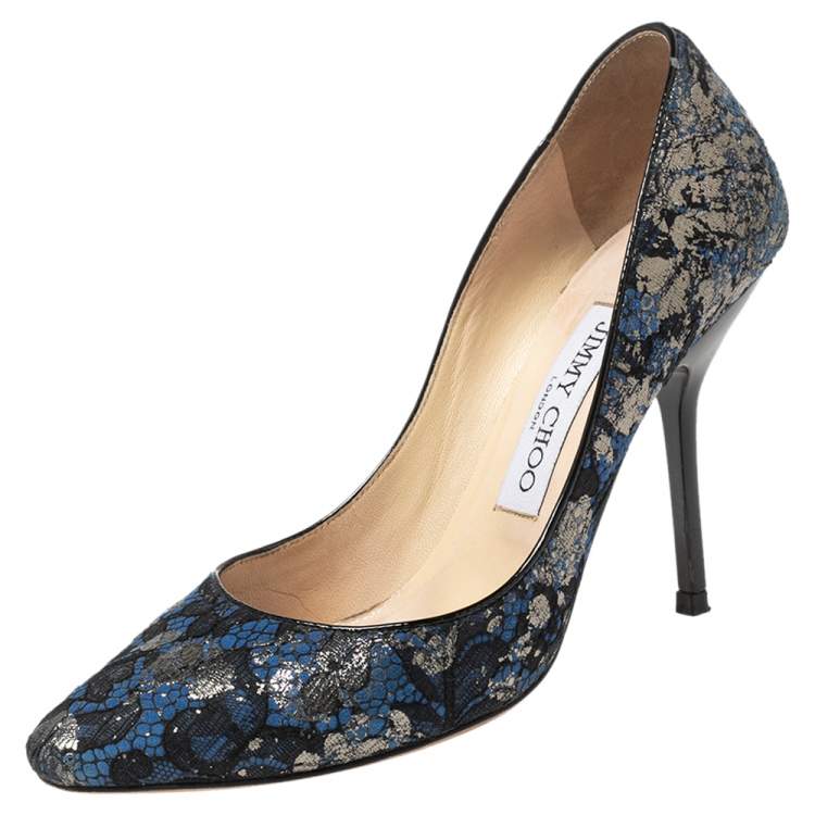 Jimmy Choo Blue/Black Suede And Lace Round Toe Pumps Size