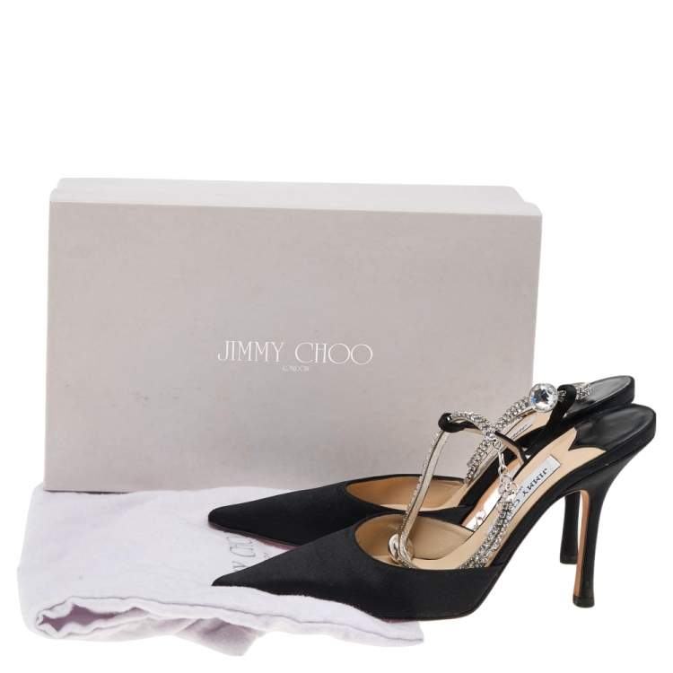Pre Owned Jimmy Choo Black Satin Pointed Toe Crystal Ankle Pumps Size 38