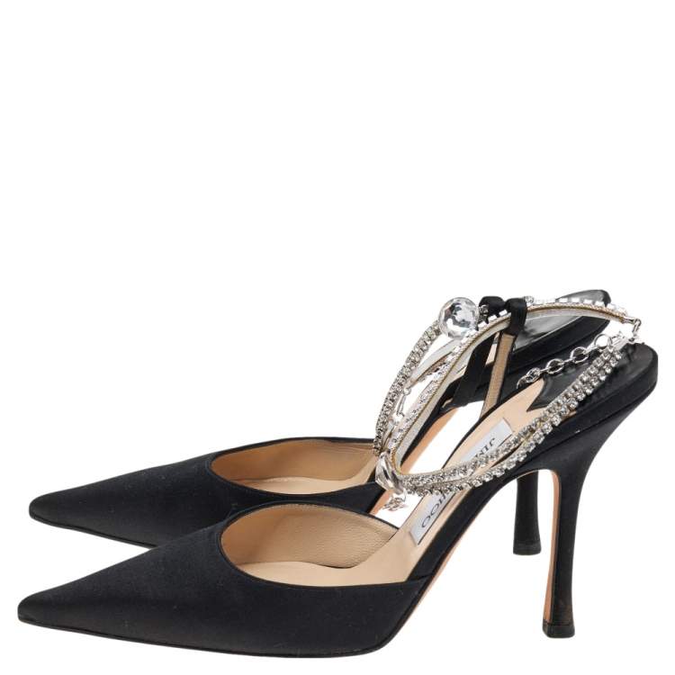 Pre Owned Jimmy Choo Black Satin Pointed Toe Crystal Ankle Pumps Size 38
