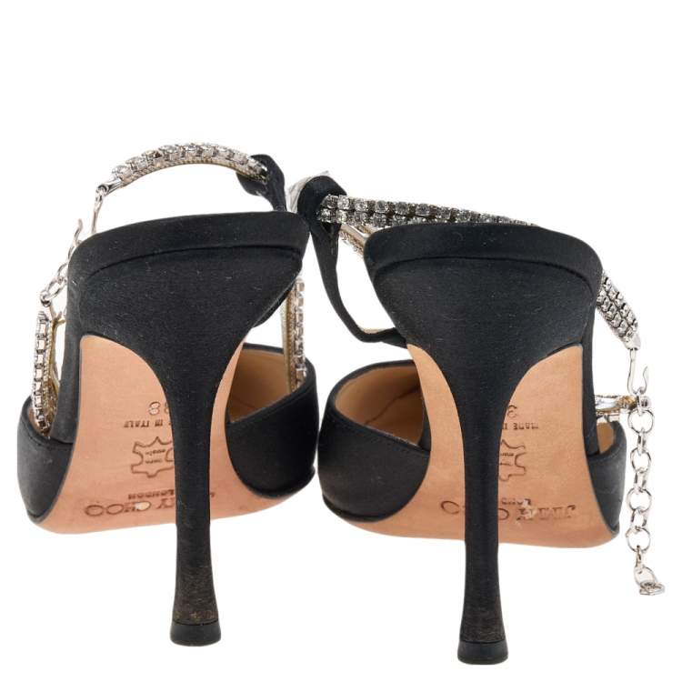 Pre Owned Jimmy Choo Black Satin Pointed Toe Crystal Ankle Pumps Size 38
