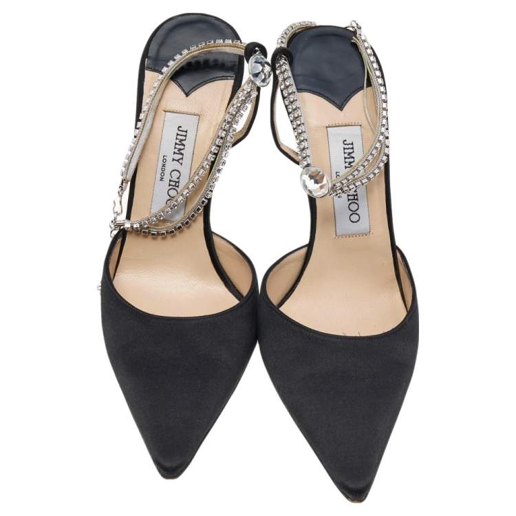 Pre Owned Jimmy Choo Black Satin Pointed Toe Crystal Ankle Pumps Size 38