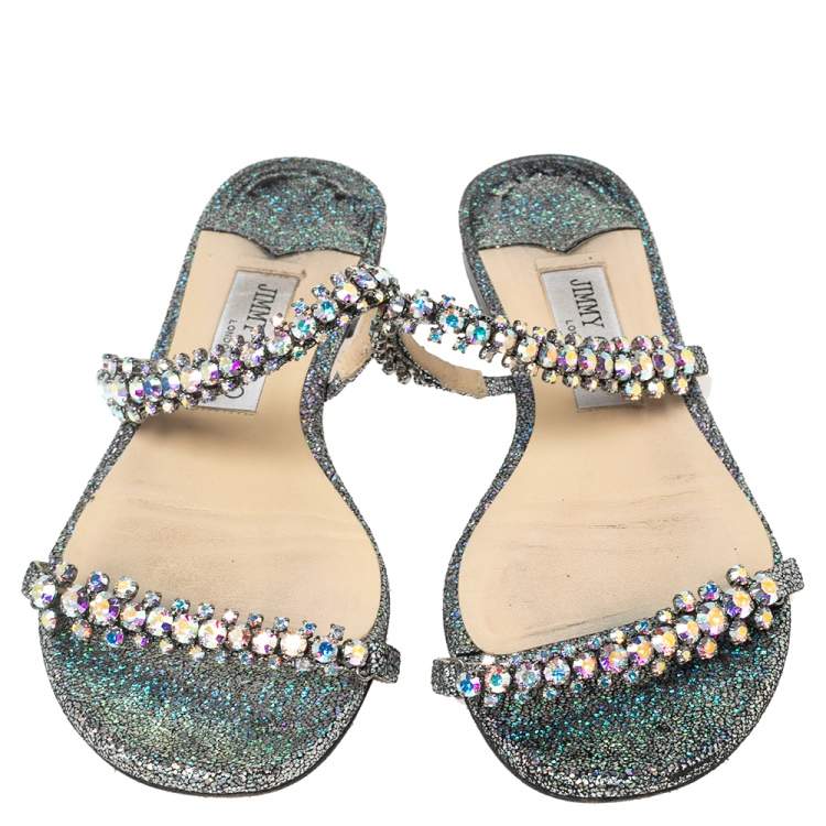 Pre Owned Jimmy Choo Silver Texture Leather Crystal Flats Sandals Size 37.5