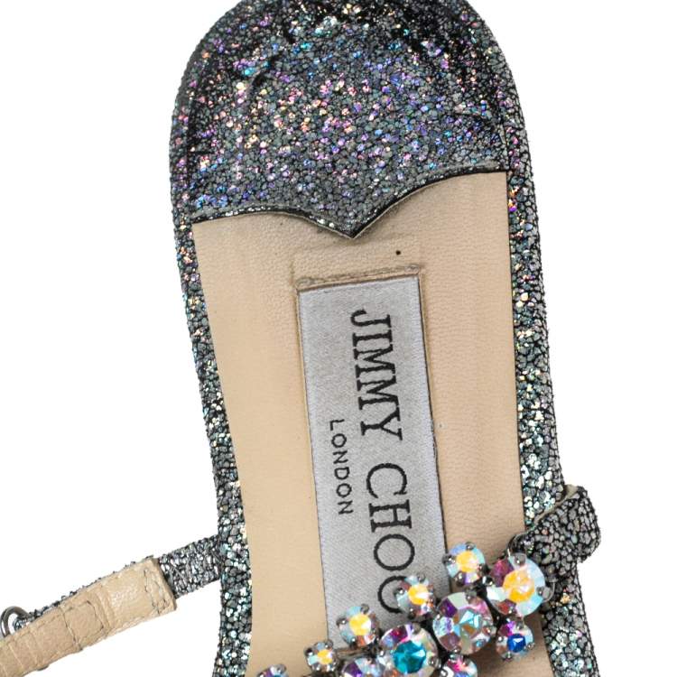 Pre Owned Jimmy Choo Silver Texture Leather Crystal Flats Sandals Size 37.5