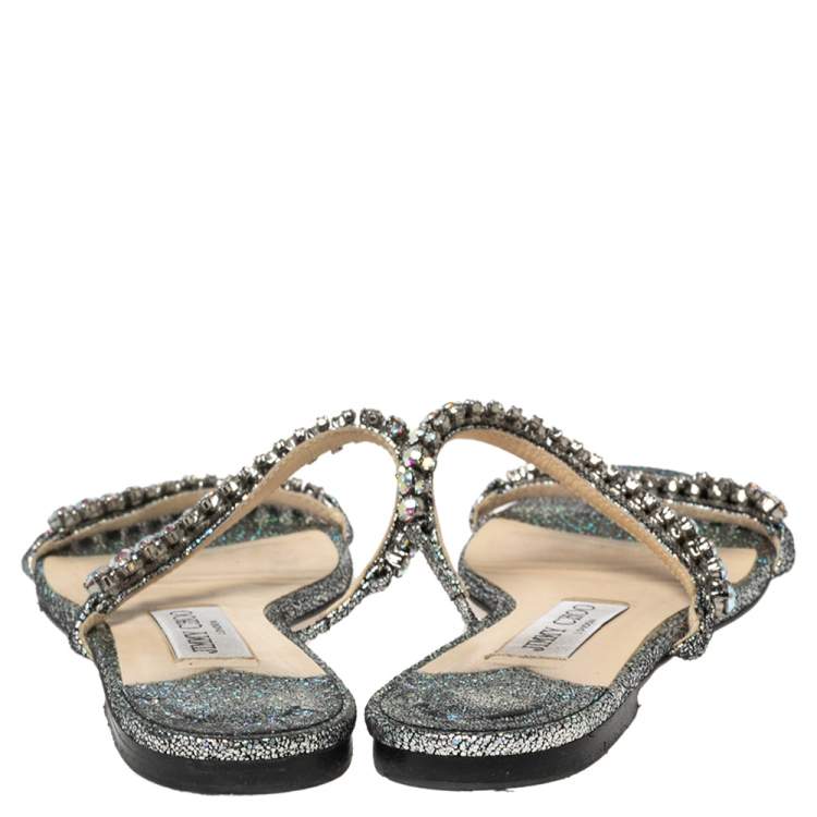 Pre Owned Jimmy Choo Silver Texture Leather Crystal Flats Sandals Size 37.5