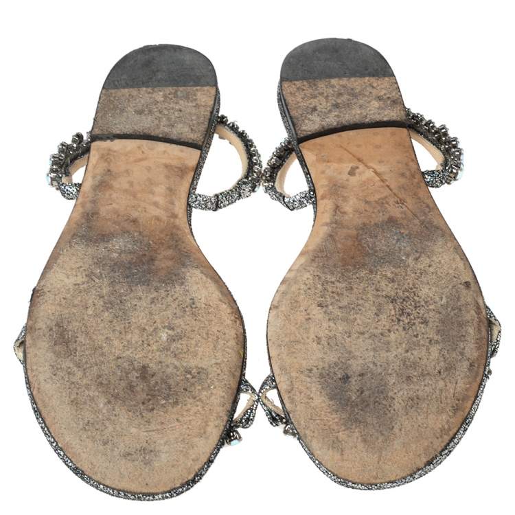 Pre Owned Jimmy Choo Silver Texture Leather Crystal Flats Sandals Size 37.5