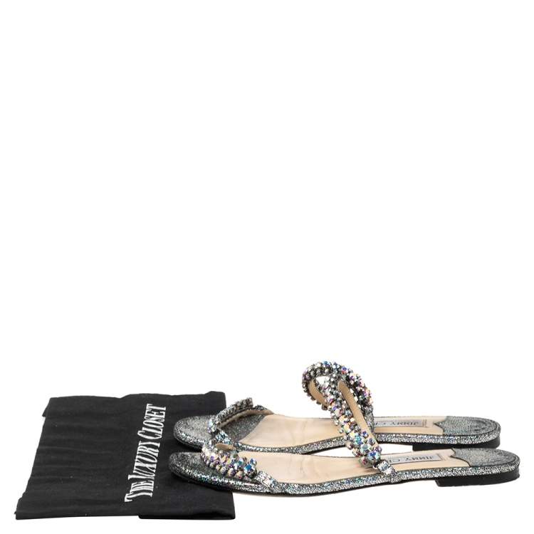 Pre Owned Jimmy Choo Silver Texture Leather Crystal Flats Sandals Size 37.5