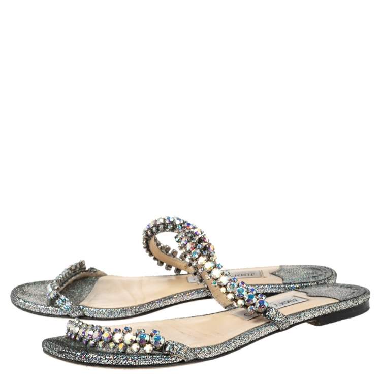 Pre Owned Jimmy Choo Silver Texture Leather Crystal Flats Sandals Size 37.5