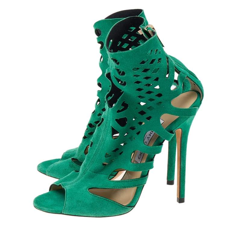 مملوكة مسبقًا Jimmy Choo Green Suede Cut Out Ankle Boots Size 37.5