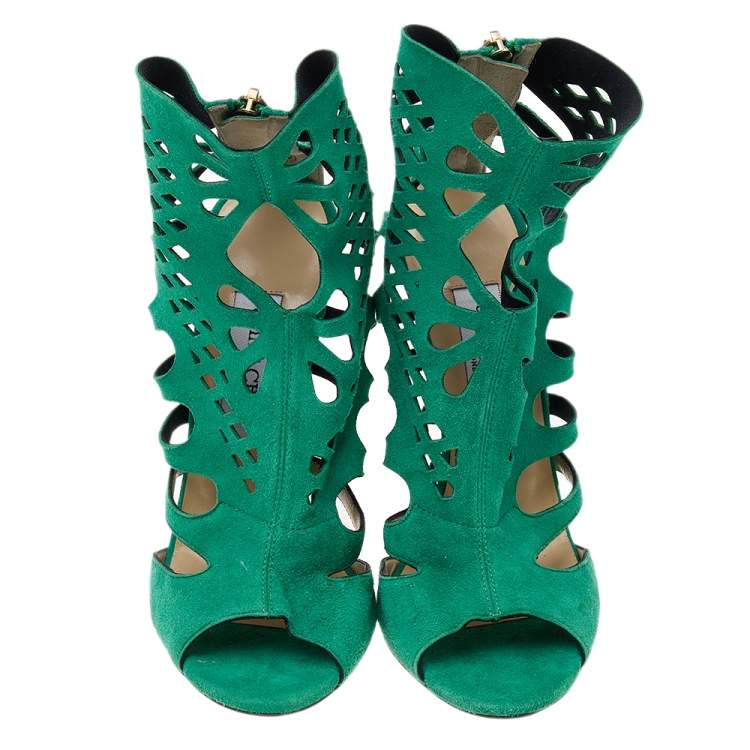 مملوكة مسبقًا Jimmy Choo Green Suede Cut Out Ankle Boots Size 37.5