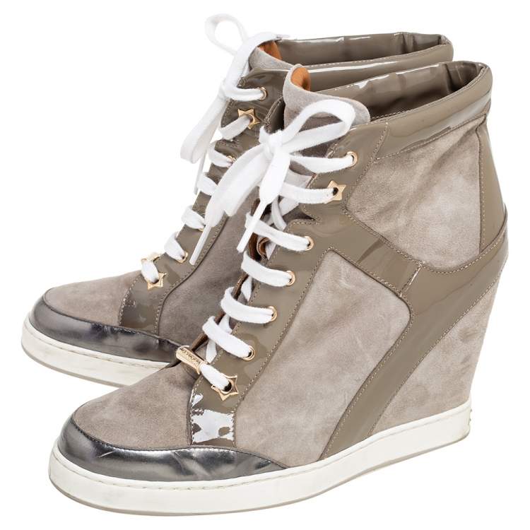 Pre Owned Jimmy Choo Grey Suede and Patent Leather Panama Wedge Sneakers Size 40