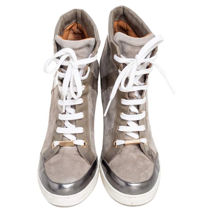 Pre Owned Jimmy Choo Grey Suede and Patent Leather Panama Wedge Sneakers Size 40