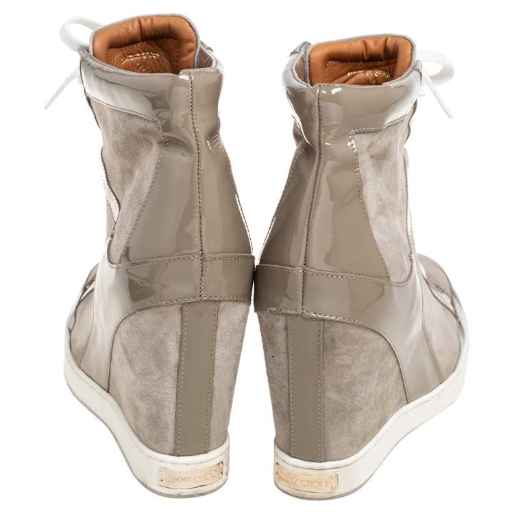 Pre Owned Jimmy Choo Grey Suede and Patent Leather Panama Wedge Sneakers Size 40