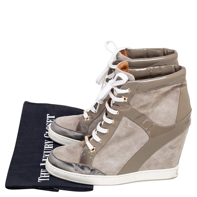 Pre Owned Jimmy Choo Grey Suede and Patent Leather Panama Wedge Sneakers Size 40