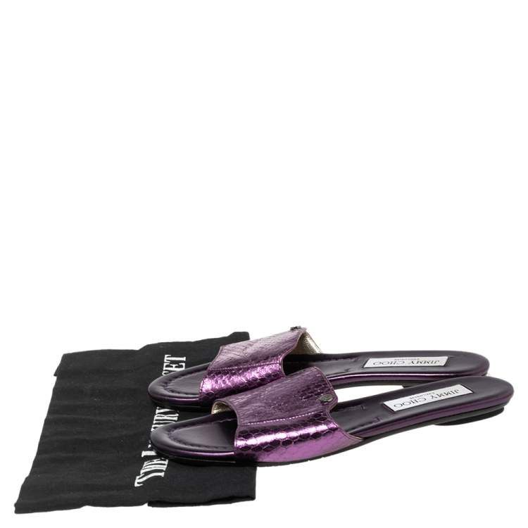 Pre Owned Jimmy Choo Purple  Snakeskin Embossed Leather Nanda Flat Slide Sandals Size 35.5