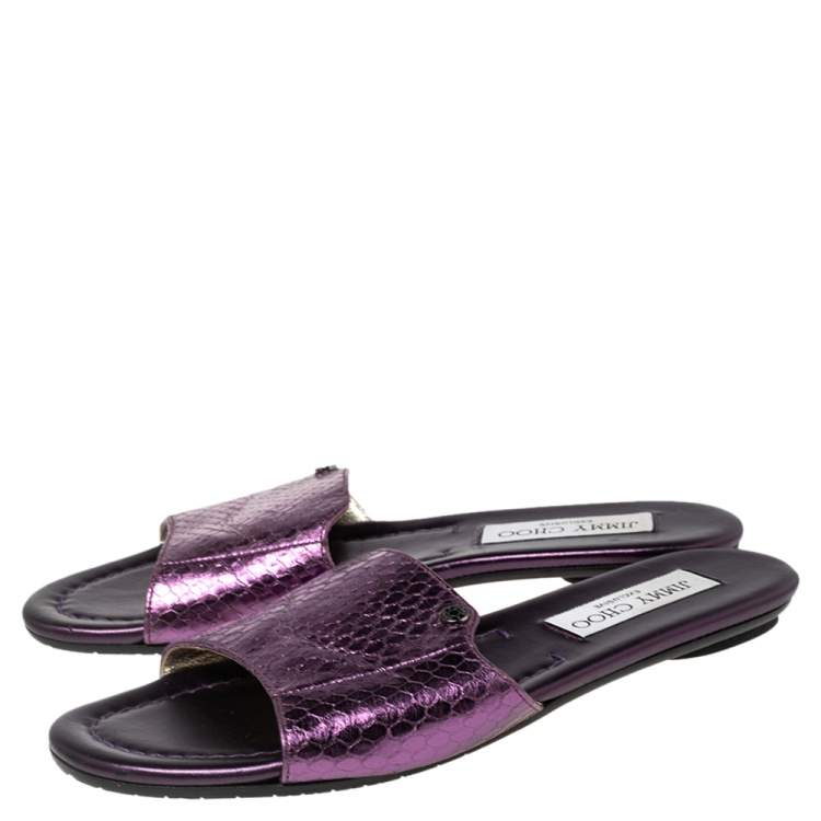 Pre Owned Jimmy Choo Purple  Snakeskin Embossed Leather Nanda Flat Slide Sandals Size 35.5