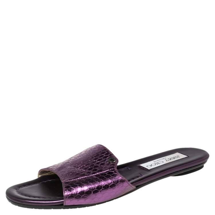 Pre Owned Jimmy Choo Purple  Snakeskin Embossed Leather Nanda Flat Slide Sandals Size 35.5