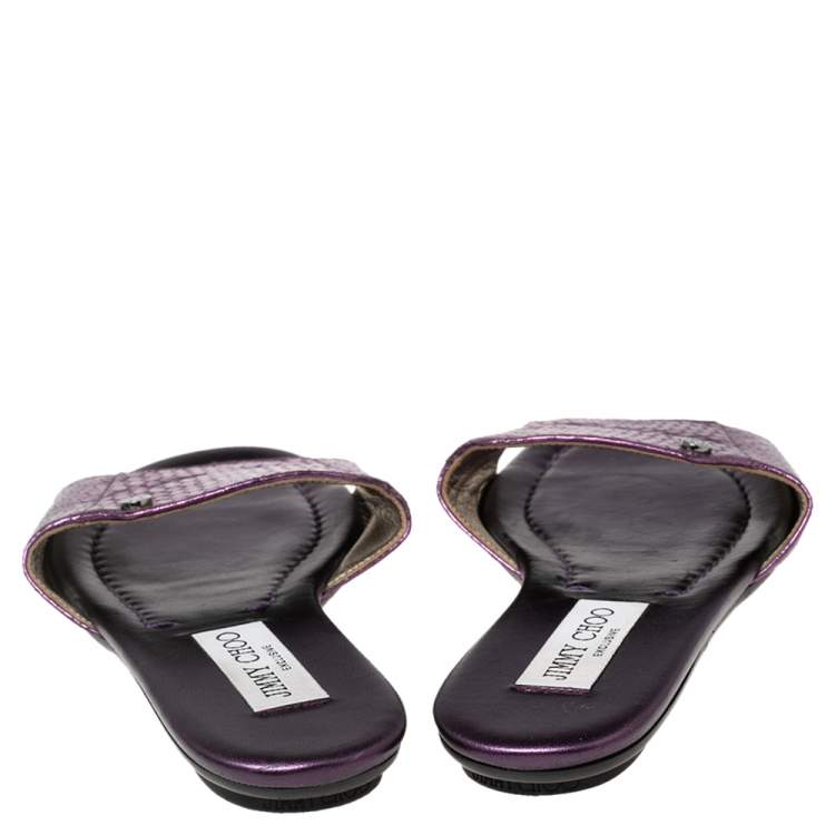 Pre Owned Jimmy Choo Purple  Snakeskin Embossed Leather Nanda Flat Slide Sandals Size 35.5