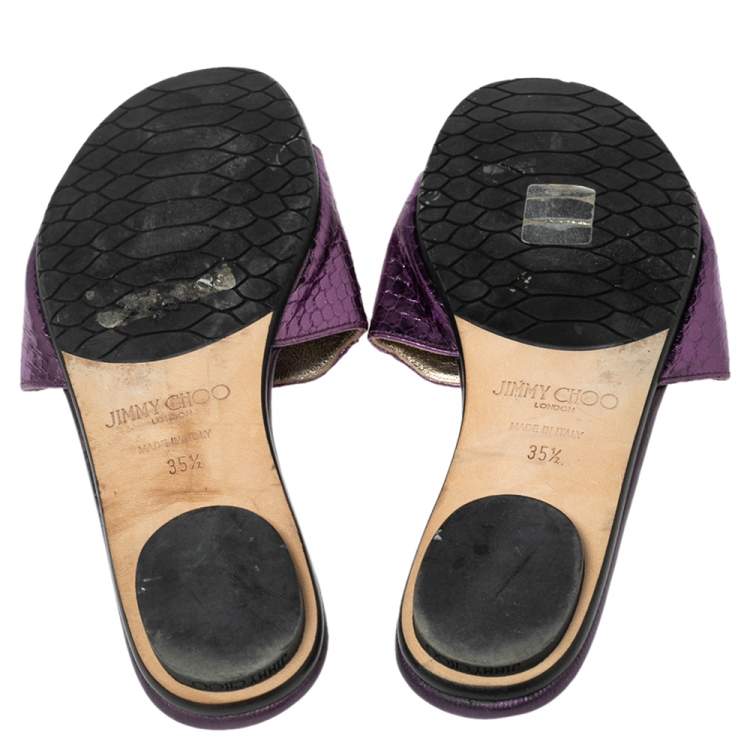 Pre Owned Jimmy Choo Purple  Snakeskin Embossed Leather Nanda Flat Slide Sandals Size 35.5