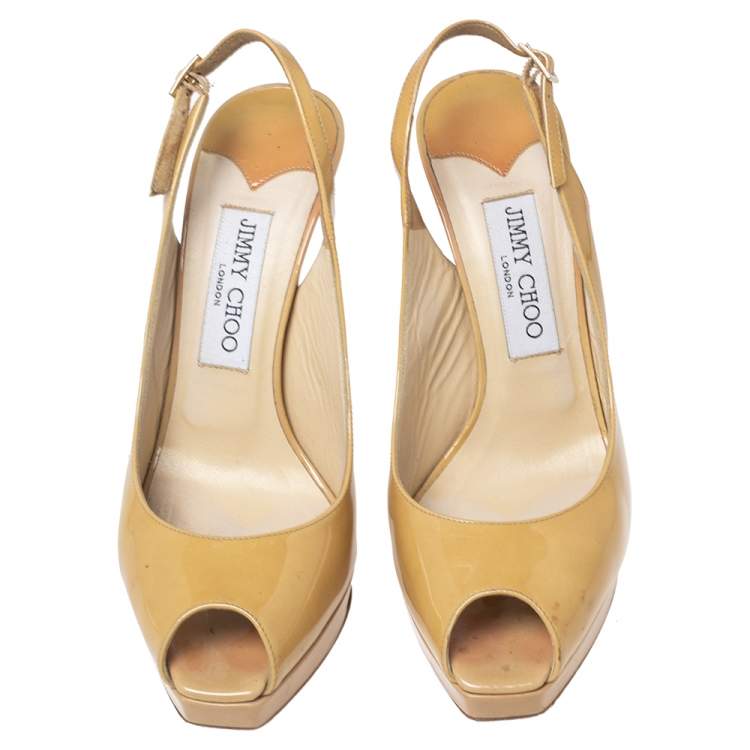 Pre Owned Jimmy Choo Sand Yellow Patent Leather Vita Peep-Toe Slingback Sandals Size 37