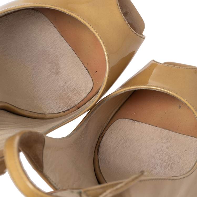 Pre Owned Jimmy Choo Sand Yellow Patent Leather Vita Peep-Toe Slingback Sandals Size 37