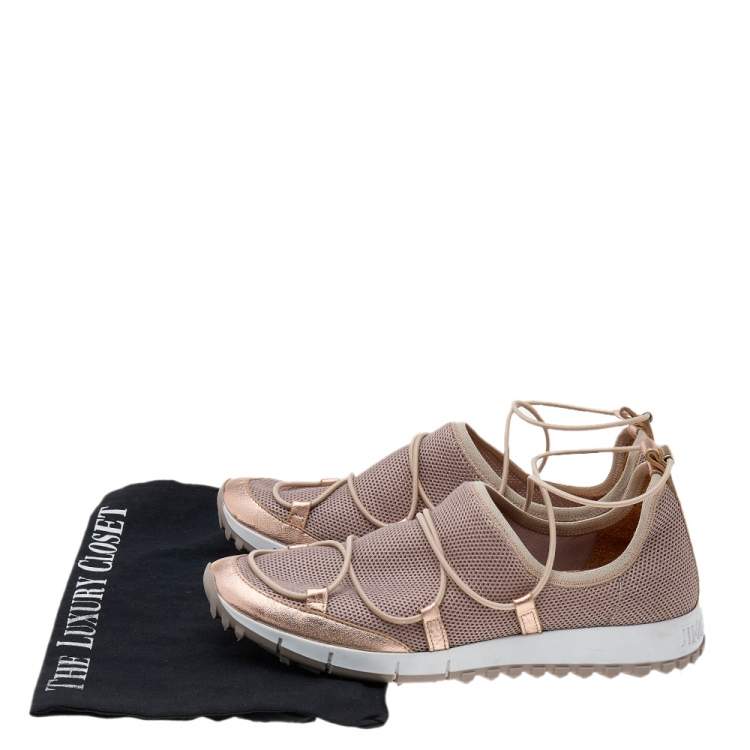 Pre Owned Jimmy Choo Metallic Beige Leather And Mesh Andrea Slip On Sneakers Size 38