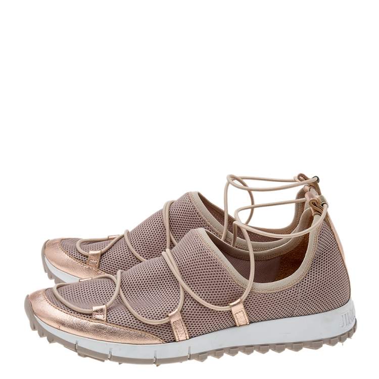 Pre Owned Jimmy Choo Metallic Beige Leather And Mesh Andrea Slip On Sneakers Size 38