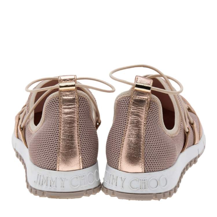 Pre Owned Jimmy Choo Metallic Beige Leather And Mesh Andrea Slip On Sneakers Size 38