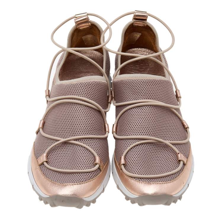 Pre Owned Jimmy Choo Metallic Beige Leather And Mesh Andrea Slip On Sneakers Size 38